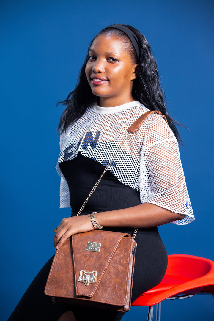 Denri Ladona | Compact Sling Handbag | Daily & Evening Essentials | Textured Leather with Twist-Lock & Chain Sling Strap | Affordable Everyday Luxury