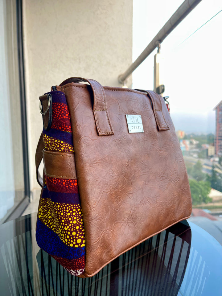 Denri Cathy | Everyday Tote-Shoulder Bag | Casual, Professional & Semi-Formal Carry | Vegan Leather with Ankara Fabric Panels | Elegantly Cultural, Eco-Friendly Design