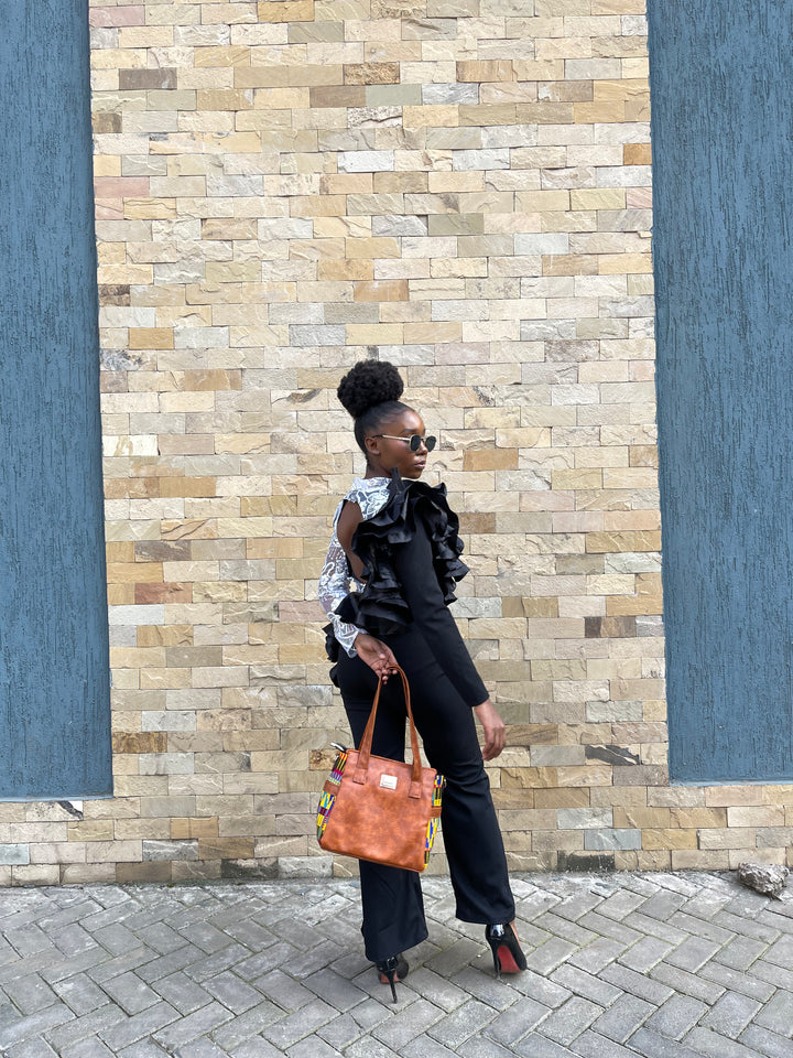 Denri Cathy | Everyday Tote-Shoulder Bag | Casual, Professional & Semi-Formal Carry | Vegan Leather with Ankara Fabric Panels | Elegantly Cultural, Eco-Friendly Design