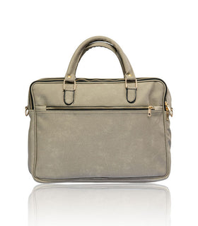 Denri Africa's gray Denri Sleek Professional Legacy Briefcase. Sleek work bag for laptops, neutral-tone vegan leather briefcase, professional style.