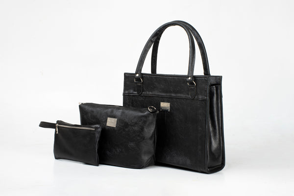 Denri Africa's black Jamela Laptop Handbag. Sleek women’s laptop bag, professional vegan leather handbag, versatile office and casual bag.