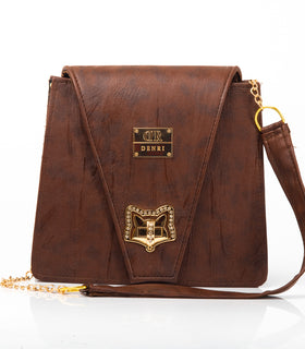Denri Ladona Handbag | Compact Sling bag | Textured Leather, Twist-Lock & Chain Sling