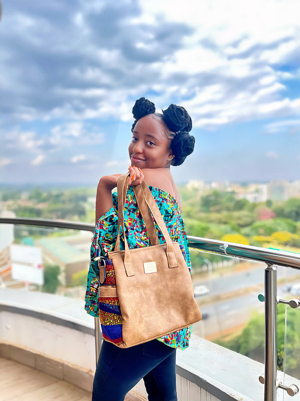 Denri Cathy Handbag | Tote-Shoulder Bag |  Vegan Leather with Ankara Fabric