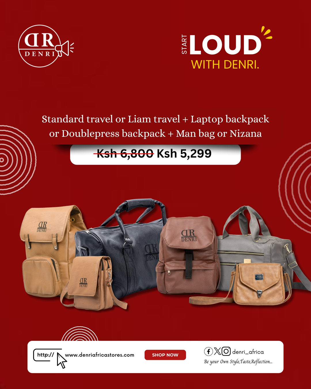 Standard or Liam Travel + Laptop or Doublepress Backpack + Manbag or Nizana