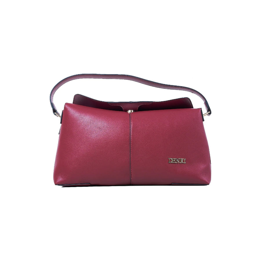 Denri Slouch Shoulder Bag | Soft Fold-Over Handbag | Back Slip Pocket & Striped Webbing Crossbody Strap – Burgundy