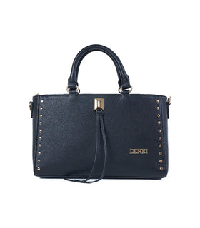 Denri Studded Satchel | Structured Top-Handle Handbag | Gold Studs, Turn-Lock Clasp & Detachable Strap – Black