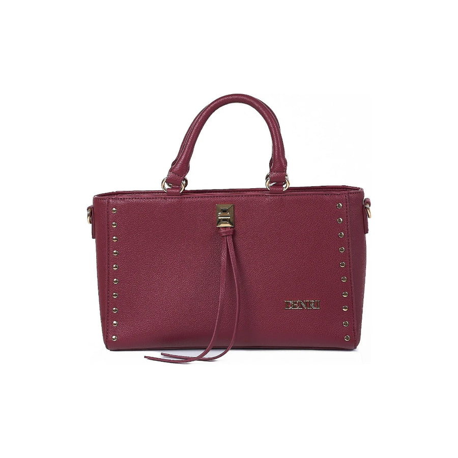 Denri Studded Satchel | Structured Top-Handle Handbag | Gold Studs, Turn-Lock Clasp & Detachable Strap – Burgundy