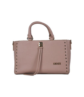Denri Studded Satchel | Structured Top-Handle Handbag | Gold Studs, Turn-Lock Clasp & Detachable Strap – Nude