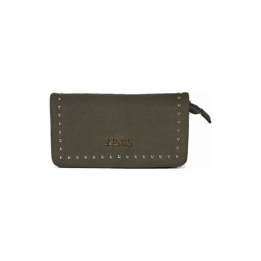 Denri Studded Wallet Crossbody | Suede-Effect Wallet Purse | Gold Studs, Zip Divider & Detachable Strap – Olive