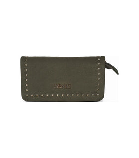 Denri Studded Wallet Crossbody | Suede-Effect Wallet Purse | Gold Studs, Zip Divider & Detachable Strap – Olive